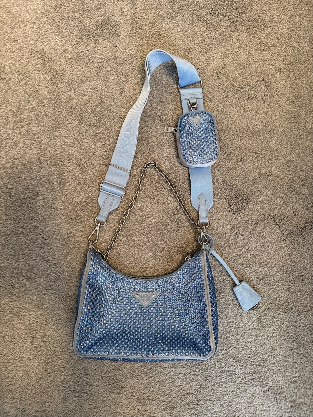 PRADA Satin Crystal Re-Edition 2005 Shoulder Bag Celeste